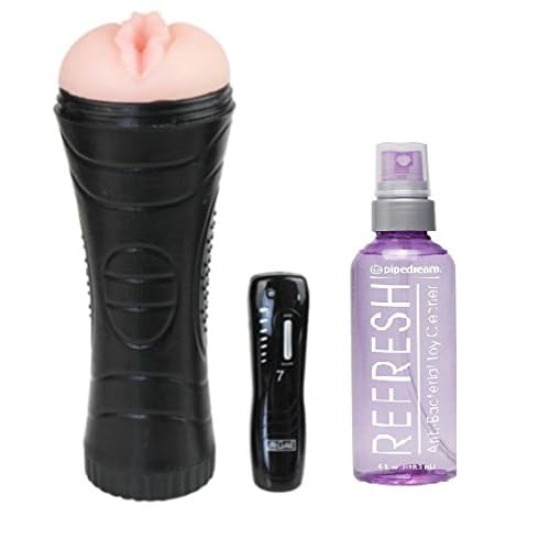 Multi-Speed Vibrating Male Masturbator + pipedreamTM refresh toy cleaner, 4 Fluid Ounce image